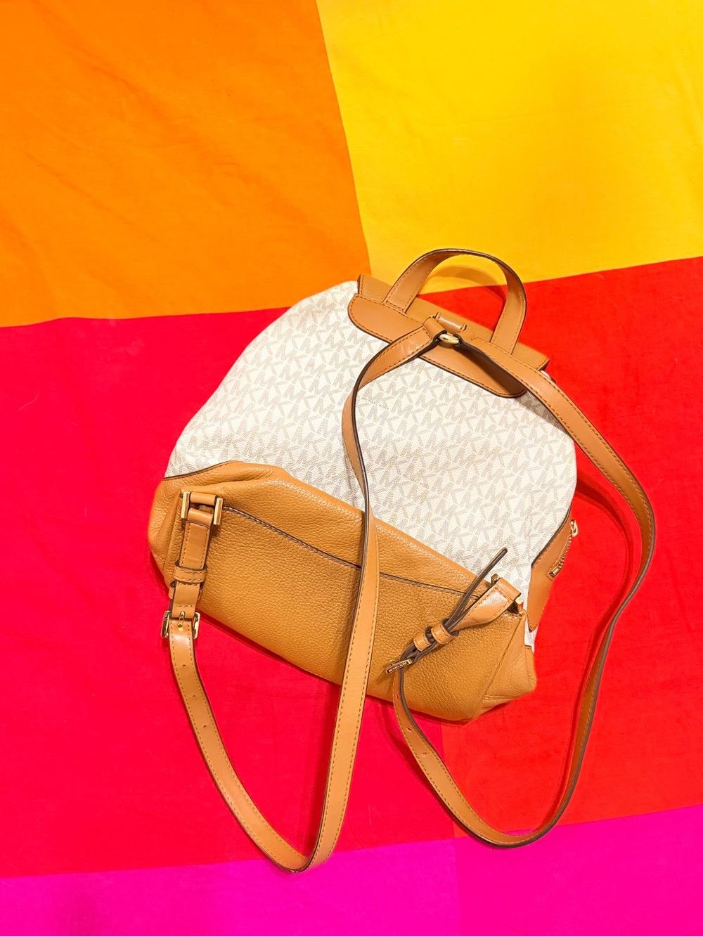 Michael Kors Cream & Tan MK Logo Leather Backpack - Picture 2 of 6